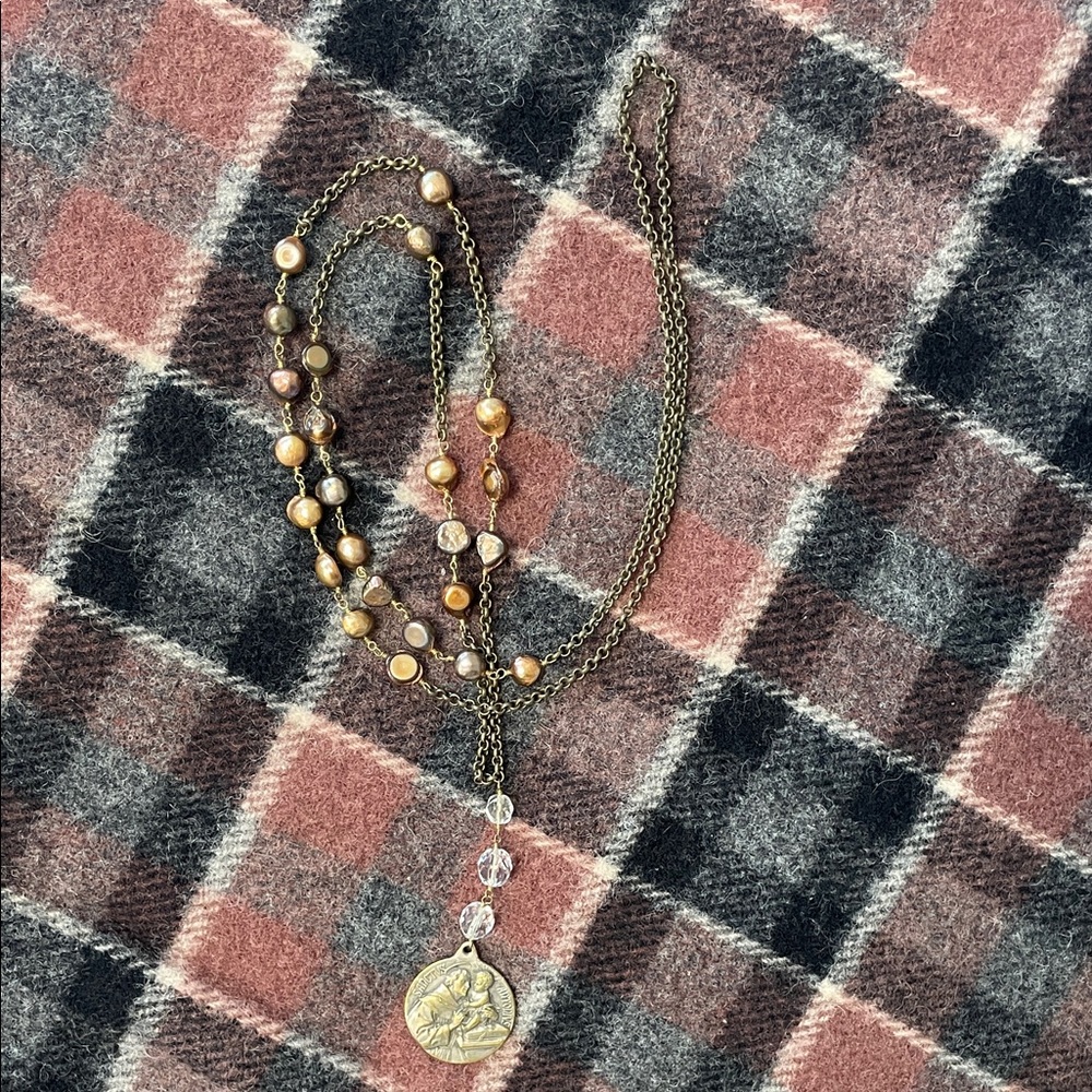 Vintage Catholic Saint Christ/St. Anthony Necklace Bronze Chain Pearls & Crystal